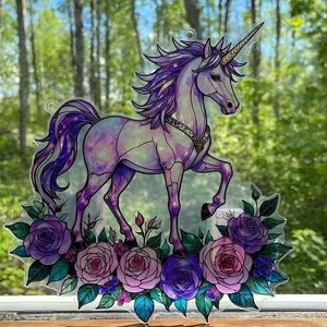 Suncatcher Acrylic Puurple Unicorn Fantasy Purple Flowers Easter Gift New